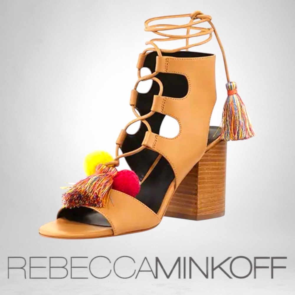 Rebecca Minkoff Calissa lace up heeled sandals w tassels and Pom poms size 8.5
